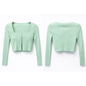 Zara‎ Ribbed Knit Cropped Cardigan Womens Medium Mint Green Square Neck Coquette